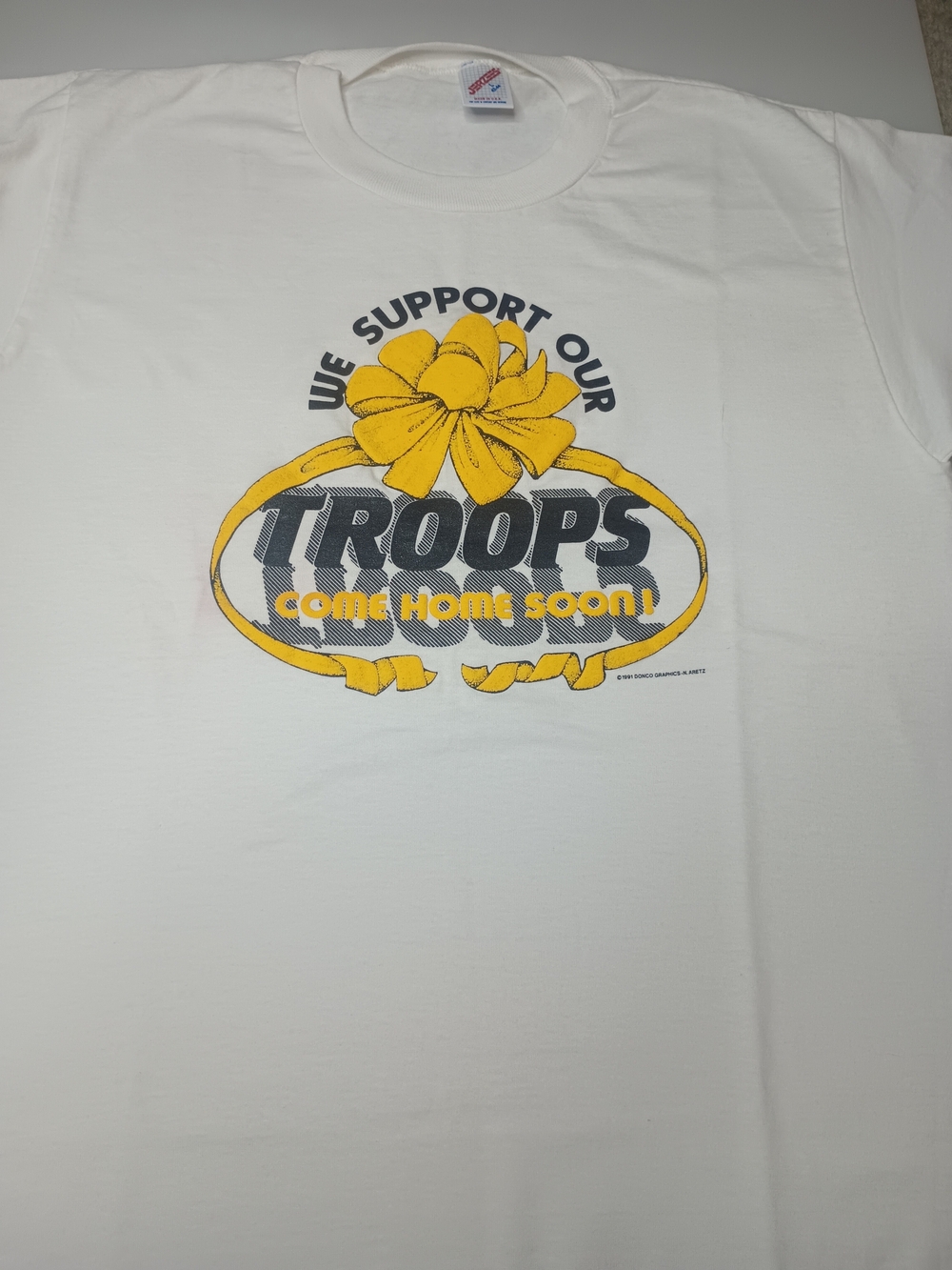 Jerzees Vintage White Tee with Yellow Bow 'We Support Our Troops' Single Stitch